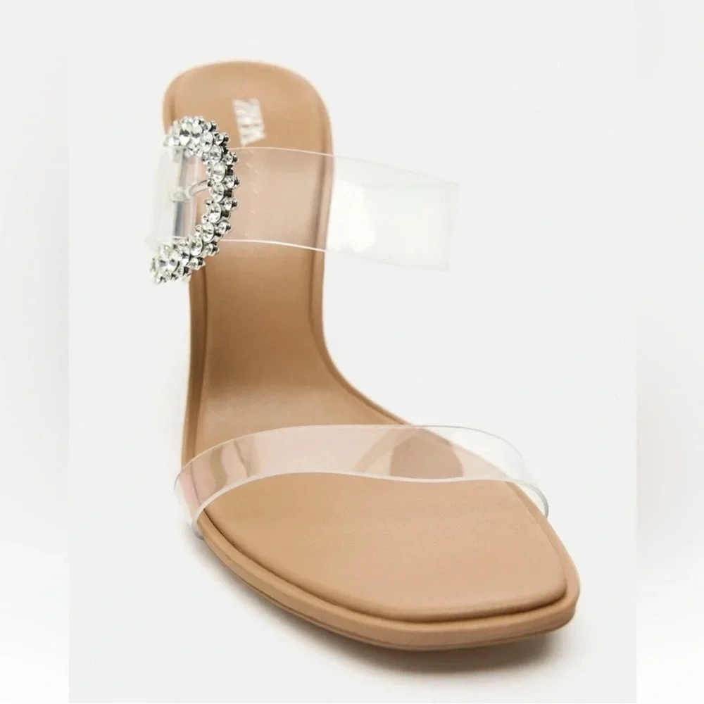 ZARA HIGH HEELED LIGHT BEIGE VINYL SANDALS - Picture 3 of 9